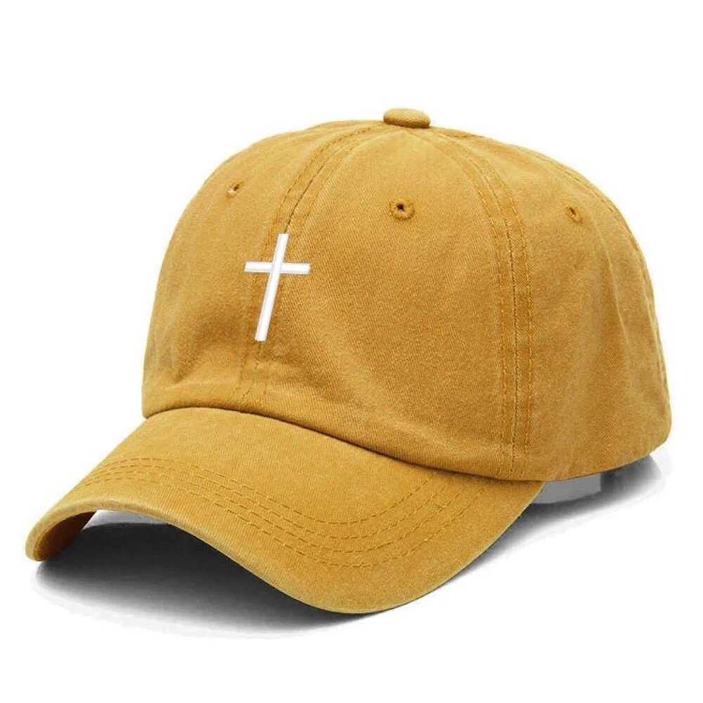 Yellow Cross Embroidered Christian Baseball Cap,‎ Washed, Adjustable Hat, Jesus
